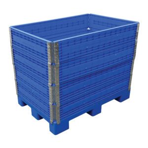 The Vestil Multi Height Container 2.5K Lb Capacity features a sturdy rectangular design, ideal for industrial use with its blue plastic build, reinforced corners, ribbed sides, and an elevated base with grid-like support to ensure durability and a capacity for heavy loads up to 2.5K lbs.