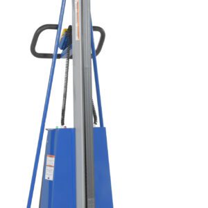 The Vestil Lightweight DC Pwr Lift 330 Cap is a blue manual lift truck with a durable metal frame, black handles, and a white platform. It features four wheels for easy movement and efficient lifting of heavy items.