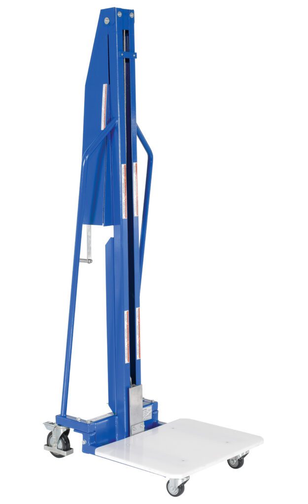 MWP-440-M_A.jpg The Vestil Lightweight Manual Work Position 440 Cap is a blue hydraulic manual lifting device, featuring a sturdy base on four caster wheels, a white platform, vertical handles, and safety decals for secure operation.