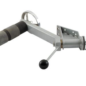 The Vestil Work Positioner Optional Reel Rotator is a mechanical device with a long arm, two black-handled levers, a cylindrical metal component, and a metallic base with bolt holes for mounting.