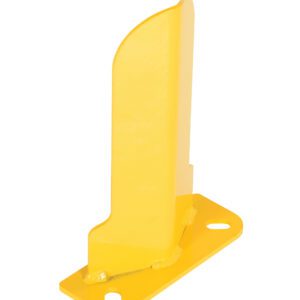 The Vestil Low Profile Rack Guard 8 x 3 x 11.875 features a yellow metal bracket with three mounting holes, a durable flat base, and an upward extension that slightly curves at the top.