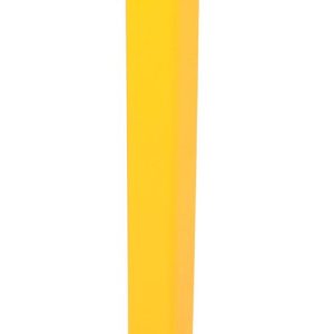 The Vestil Low Profile Rack Guard 8 X 3 X 35.875 is a yellow metal post guard with a flat, elongated design and two mounting bolt holes at the broad base, offering robust protection in industrial settings.
