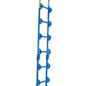 The Vestil Tank Access Ladder 12 Ft Height is a blue metal ladder with evenly spaced rungs and a hooked top end for easy hanging, providing secure access to elevated areas.