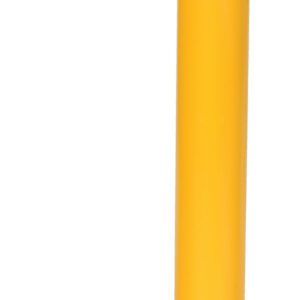 The Vestil Bollard Offset Steel 48 H, 4.5 Dia has a right-angle bend near the base with a flat rectangular mount. It features a yellow top capped in black with diagonal stripes.