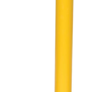 The Vestil Bollard Offset Steel, measuring 54 inches high and 4.5 inches in diameter, features a tall yellow design with a curved base, flat square mounting plate, and a top adorned with a black band and diagonal yellow stripe for robust impact protection and safety.