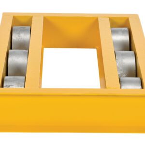 The Vestil Open Deck Machinery Dolly 36 X 60 10K has a yellow rectangular metal frame, large silver cylindrical rollers, and an open center. It measures 36 x 60, supports up to 10K lbs., and features evenly spaced rollers on a flat surface.