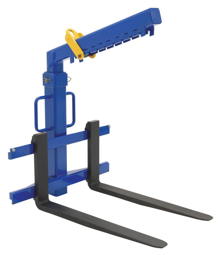 OLA-2-36-DLX_A.jpg The Vestil Deluxe Overhead Load Lifter 36Fork 2000 is a blue forklift attachment with dual black 36 forks, a yellow safety latch, handles, and a sturdy rectangular frame, ideal for safely lifting and moving pallets up to 2000 pounds.