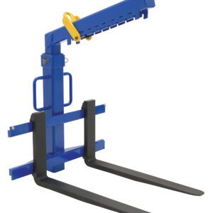 The Vestil Deluxe Overhead Load Lifter 36 Fork 4000 boasts a blue and yellow forklift jib attachment with 36 black prongs, a handle, and adjustable features for enhanced operational functionality, designed to lift up to 4000 lbs.