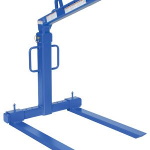 The blue Vestil Overhead Load Lifter Adjut 4K Cap is a forklift attachment with two prongs, a vertical support, and adjustable arm, ideal for efficiently handling heavy loads in warehouses or construction sites.