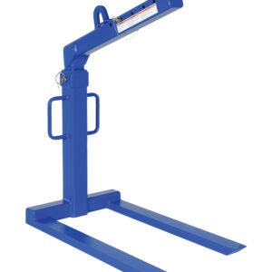 The Vestil Overhead Load Lifter Fixed 2K Cap features a strong metal frame, adjustable forklift boom, two long base prongs, and a horizontal pivoting arm for efficient heavy lifting and cargo handling.