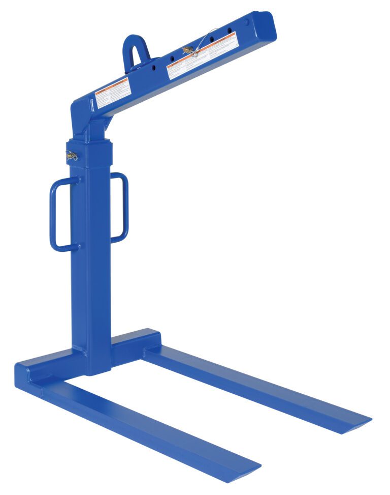 OLF-4-42_A.jpg The Vestil Overhead Load Lifter Fixed 4K Cap is a blue industrial forklift attachment with two prongs and a vertical handle, featuring a fixed 4,000 lb capacity and a clearly marked instruction label on top.