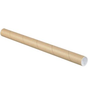 A 1 1/2 x 9 brown Kraft tube with a white interior lies horizontally against a plain white background. This tube, sold in sets of 50 under the name 1 1/2 x 9 Kraft Tubes with Caps (50/Case), offers practical solutions for packaging needs.