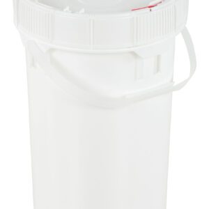 The Vestil Screw-Top Pail & Lid, White 6.5 Gallon, is a cylindrical plastic bucket with a handle and secure sealing lid, ideal for robust storage solutions.