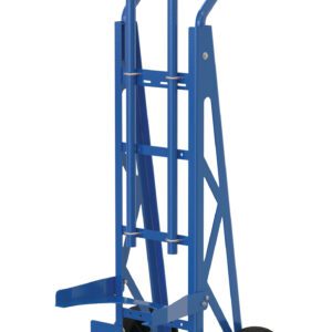 The Vestil Pail Hand Truck 500 Lb Capacity features a sturdy metal frame, two black wheels, a tall handle, and a foldable toe plate. It supports up to 500 lbs and is designed for easy maneuvering and storage, making it ideal for transporting heavy items with ease.