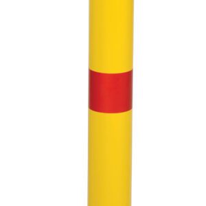 The Vestil Fold-Down Bollard Yellow 4 1/4 In Dia boasts a rounded top and includes four securing bolts at its base.