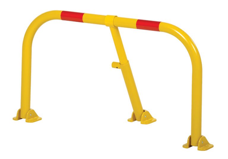 The Vestil Heavy Duty Parking Hoop Yellow has curved bars with red reflective stripes and mounts securely on three base plates, offering a dependable safety barrier.