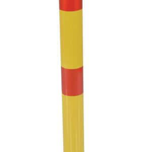 A yellow and red steel bollard with a lockable base, shown upright against a white background, is the Vestil Fold-Down Bollard 3 In Dia. It includes four metal bolts and a key placed nearby.