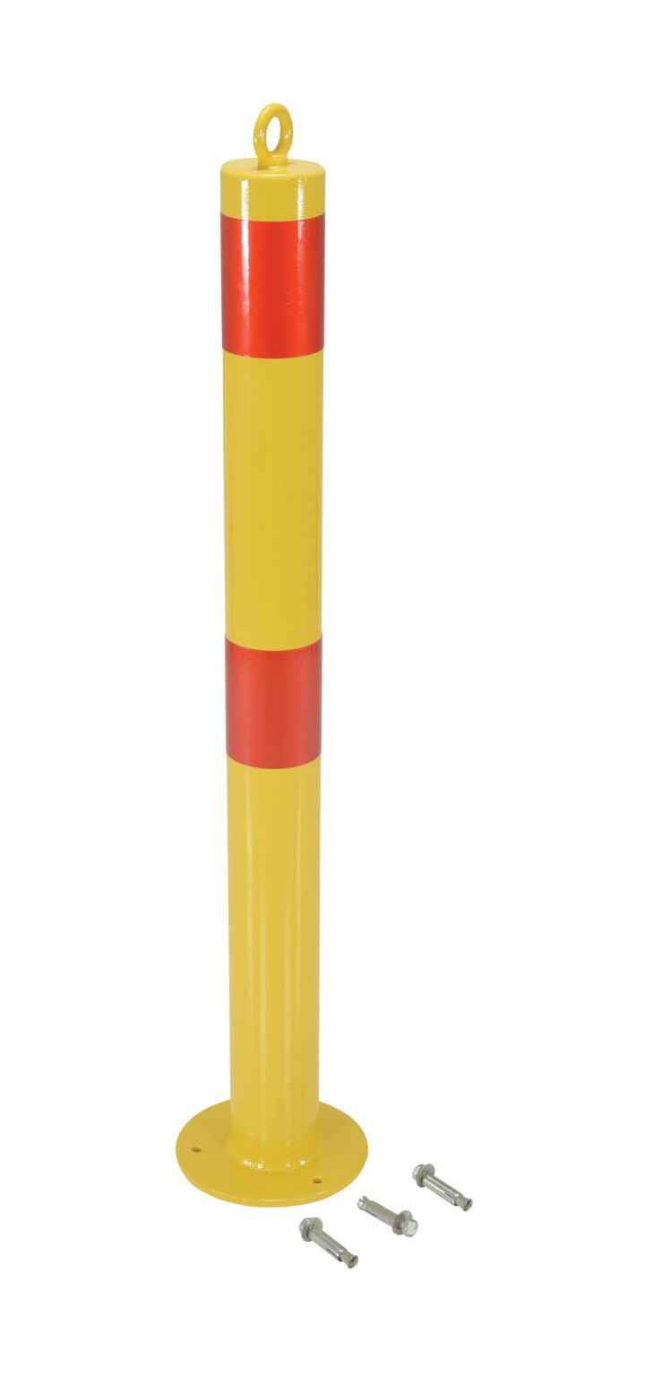 A yellow bollard with two red reflective stripes stands upright on a round base, similar to the robust Vestil Fixed Height Bollard 3 In Dia, with two bolts beside it against a plain white background.
