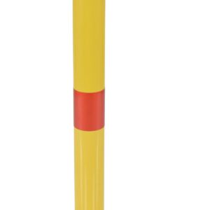 A yellow bollard with two red reflective stripes stands upright on a round base, similar to the robust Vestil Fixed Height Bollard 3 In Dia, with two bolts beside it against a plain white background.