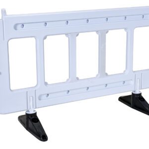 The Vestil Plastic Barrier 23 X 79 X 40 White has a sleek design with two rectangular sections and sturdy black support legs, ideal for crowd control in pristine settings.