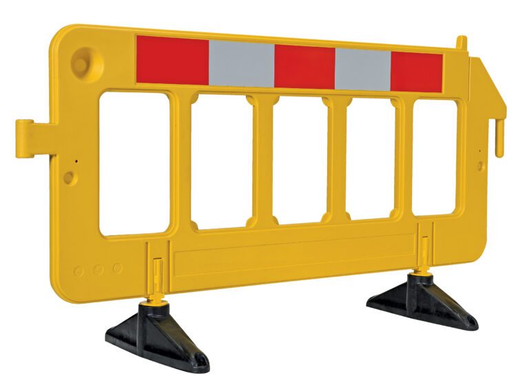 The Vestil Plastic Barrier, 23 x 79 x 40, shines in bright yellow with a gray/red reflective strip at the top. It stands on two black bases and has three open rectangular sections for improved visibility.