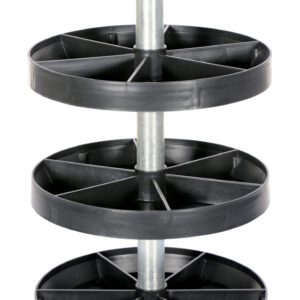The Vestil Portable Parts Bin 220 Lb 19.5 X 19.5 is a compact, vertical four-tier black trolley with circular trays on metal supports and small wheels for easy mobility, capable of holding up to 220 lbs.