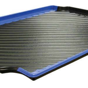On a white background, the Vestil Health Hazards/Toxics Blue tray is showcased with a black surface featuring raised ridges and an edge in calming blue. It offers stylish and practical organization with angled sides that reduce health hazards during use.