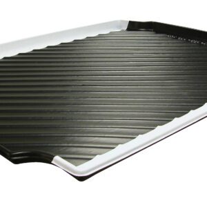 The Vestil Contact Hazards White tray is large and rectangular, with a ribbed black surface and white edges for safety. It holds or drains objects, featuring an indented side for easy handling while minimizing contact hazards.