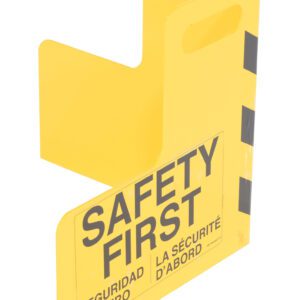 This yellow safety tag features a handle and the SAFETY FIRST message in English, Spanish, and French. Designed to complement the Vestil Plate Corner Guard W/Handle Steel 16 X 16 In., its bold black diagonal stripes ensure high visibility.