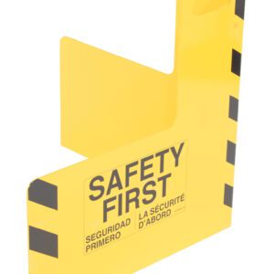 A portable 24x24-inch yellow steel safety sign with black diagonal stripes, featuring SAFETY FIRST, SEGURIDAD PRIMERO, and LA SÉCURITÉ DABORD. Similar to the Vestil Plate Corner Guard W/Handle Steel 24 X 24 In.