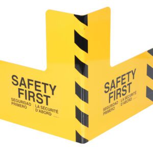 The Vestil Plate Corner Guard, measuring 24 x 24 inches, is yellow with black diagonal stripes and SAFETY FIRST in English, Spanish, and French. It is expertly designed to fit any surface edge, emphasizing safety.