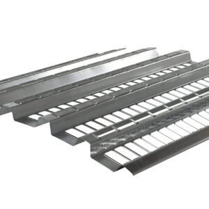 Vestil Open-Area Pallet Rack Decking, 38.5 X 108, with ridged surfaces and narrow openings, is stacked diagonally on a white background.