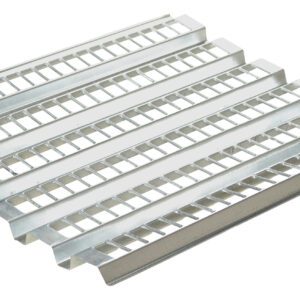 Five metal slotted angle bars, akin to Vestils Pallet Rack Decking 38.5 X 96, are parallel on a pristine white background.
