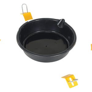 A black Vestil Optional Drip Pan For Bucket/Pail Dolly with a small spout is centered on a white background, surrounded by four yellow metal brackets, each featuring a silver U-shaped hook and a tightening screw.