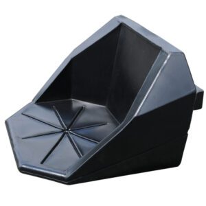 The sleek, black angular plastic seat is perfect for sitting or lounging. With a geometric, faceted design featuring a star pattern at the bottom, it nods to modern aesthetics akin to the robust and functional style of a Vestil Drum Rack Dispensing Shelf. The gentle incline offers excellent back support.