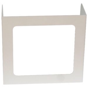 The Vestil Pers Desk Shld Grd Standard Blank 1Window 17.5 has a white frame, available in metal or plastic, featuring a 17.5-inch square cutout centered against a white backdrop for balanced border functionality.