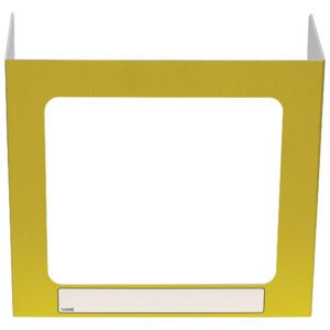 The Vestil Pers Desk Shld Grd Yellow Pattern 1Window 17.5 features a geometric yellow design, with a large square cutout and a small blank name label, designed to stand upright and shield your workspace.