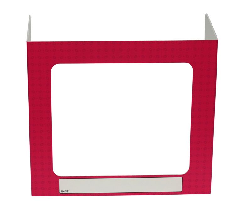 The Vestil Pers Desk Shld Grd Magenta Pattern 1Window 17.5 is a privacy folder that stands upright on a desk. It features a magenta pattern, a rectangular cutout for viewing, and a white Name space at the bottom for personalization.