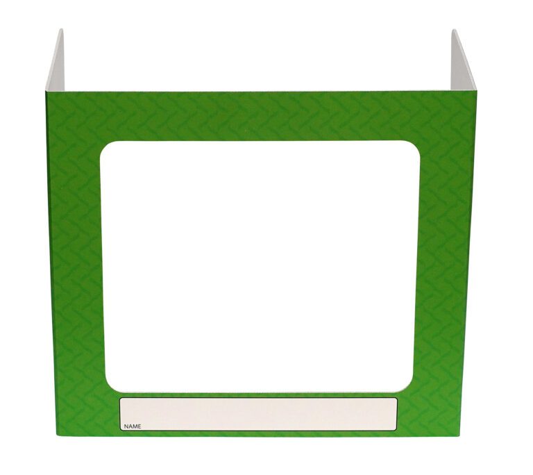 The Vestil Pers Desk Shld Grd Green Pattern 1Window features a privacy shield with a central cutout. Measuring 17.5 inches in width, its ideal for desks or tables to ensure privacy and minimize distractions. It includes a blank name label at the bottom for personalization.
