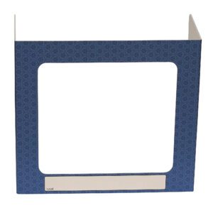 The Vestil Pers Desk Shld Grd Blue Pattern 1Window 17.5 features a blue tri-fold tabletop privacy screen with a geometric design, one window with a large rectangular cutout, and a small Name label space at the bottom. It stands 17.5 inches tall.