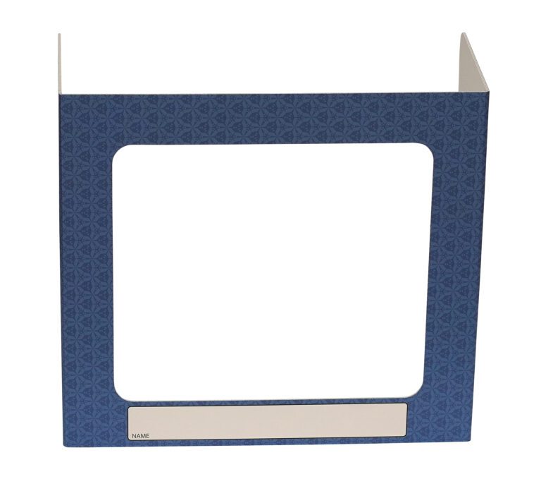The Vestil Pers Desk Shld Grd Blue Pattern 1Window 17.5 features a blue tri-fold tabletop privacy screen with a geometric design, one window with a large rectangular cutout, and a small Name label space at the bottom. It stands 17.5 inches tall.