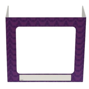 The Vestil Pers Desk Shld Grd Purple Pattern 1Window boasts a geometric design with a central blank section for customization. It includes a Name strip and stands upright with triangular supports, adding flair to any desk.
