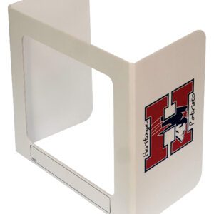 The Vestil Pers Desk Shld Grd Custom Logo 1Window 17.5 privacy shield features a large red H and a patriot logo, with Heritage Patriots on the side. It includes a center cut-out and blank label space at the front.