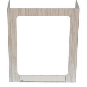 The Vestil Pers Desk Shld Grd has a rectangular, light wood-textured frame with rounded corners, a white linen theme, an empty central space for displaying an image, and a small label area at the bottom with Name printed on it.