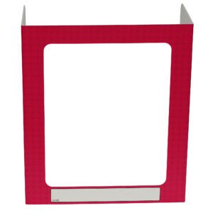 The Vestil Pers Desk Shld Grd Magenta Pattern 1Window 23.5 has a vibrant magenta design, a rectangular cutout for privacy, and a Name labeled area for personalization.