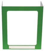 The Vestil Pers Desk Shld Grd Green Pattern 1Window 23.5 features a vibrant green cardboard design with a unique pattern, includes one peek-through window, and has a blank white label for personalization. Its compact 23.5-inch size fits perfectly on any desk, ensuring privacy and style.