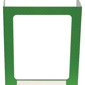 The Vestil Pers Desk Shld Grd Green Pattern 1Window 23.5 features a vibrant green cardboard design with a unique pattern, includes one peek-through window, and has a blank white label for personalization. Its compact 23.5-inch size fits perfectly on any desk, ensuring privacy and style.
