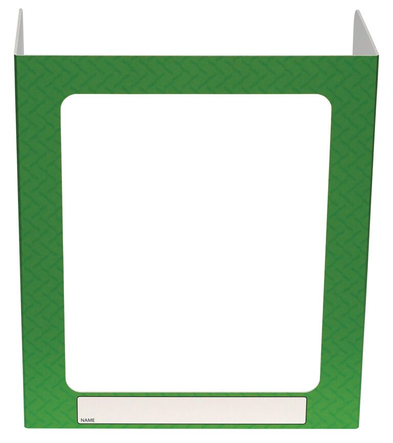 The Vestil Pers Desk Shld Grd Green Pattern 1Window 23.5 features a vibrant green cardboard design with a unique pattern, includes one peek-through window, and has a blank white label for personalization. Its compact 23.5-inch size fits perfectly on any desk, ensuring privacy and style.