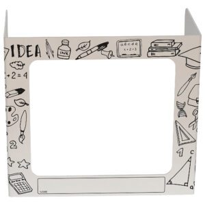 The Vestil Pers Desk Shld Grd Bk2School features a white frame with black outlines of educational items like a graduation cap and books. IDEA is at the top left, with 3 versatile windows in its 17.5 dimensions.