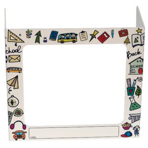 The Vestil Pers Desk Shld Grd Bk2School frame, featuring colorful school-themed doodles like books and pencils, has a central photo space and name tag area. Its the perfect addition to your desk or classroom for that back-to-school charm.